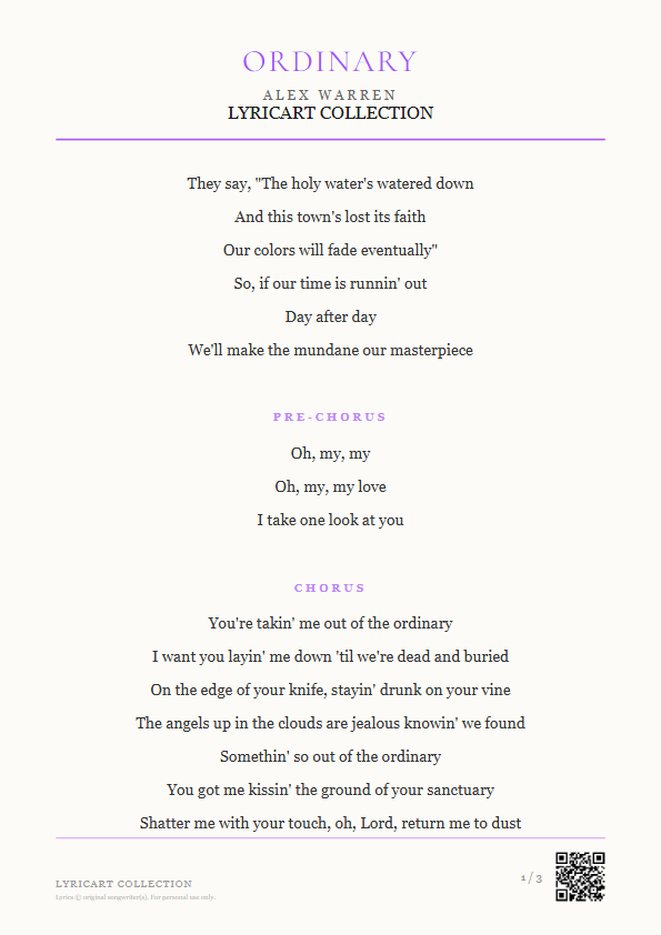 Ordinary Alex Warren Lyrics - The holy water's watered down - Magazine Style