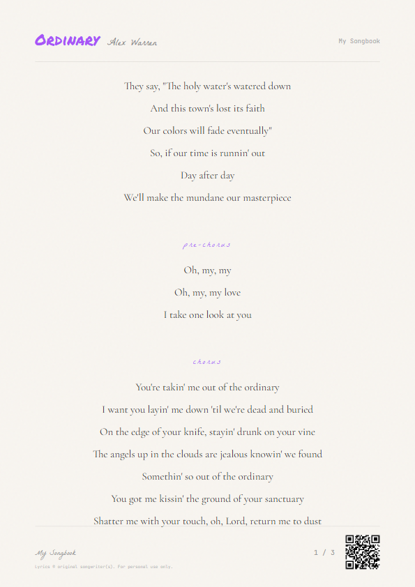 Ordinary Alex Warren Lyrics - The holy water's watered down - Notebook Style