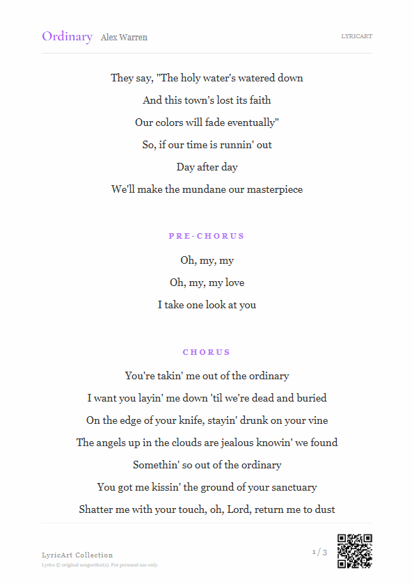 Ordinary Alex Warren Lyrics - The holy water's watered down - Readable