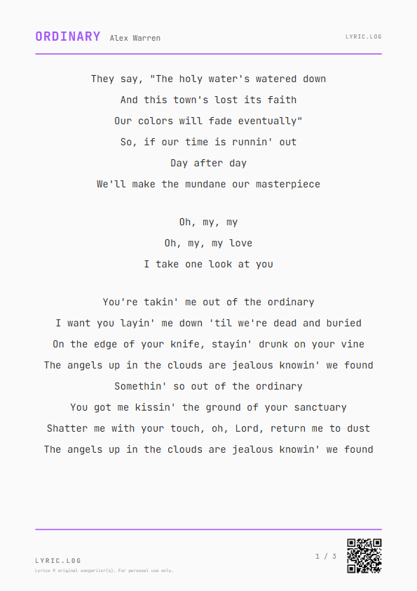 Ordinary Alex Warren Lyrics - The holy water's watered down - Receipt Style