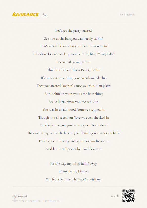 Raindance Dave Lyrics - That's when I knew your heart was scarrin' - Notebook Style