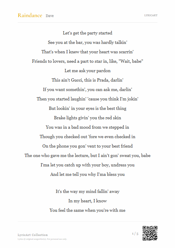 Raindance Dave Lyrics - That's when I knew your heart was scarrin' - Readable