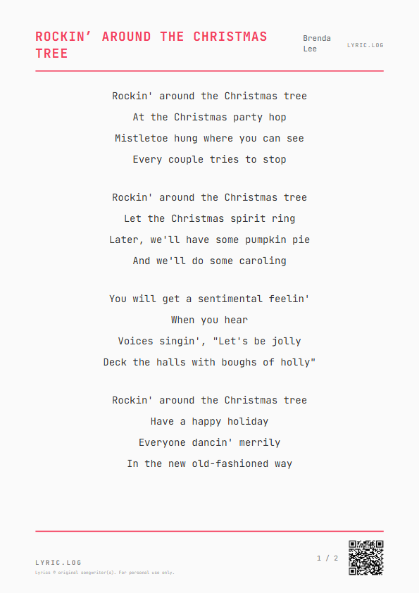 Rockin’ Around the Christmas Tree Brenda Lee Lyrics - Rockin' around the Christmas tree - Receipt Style