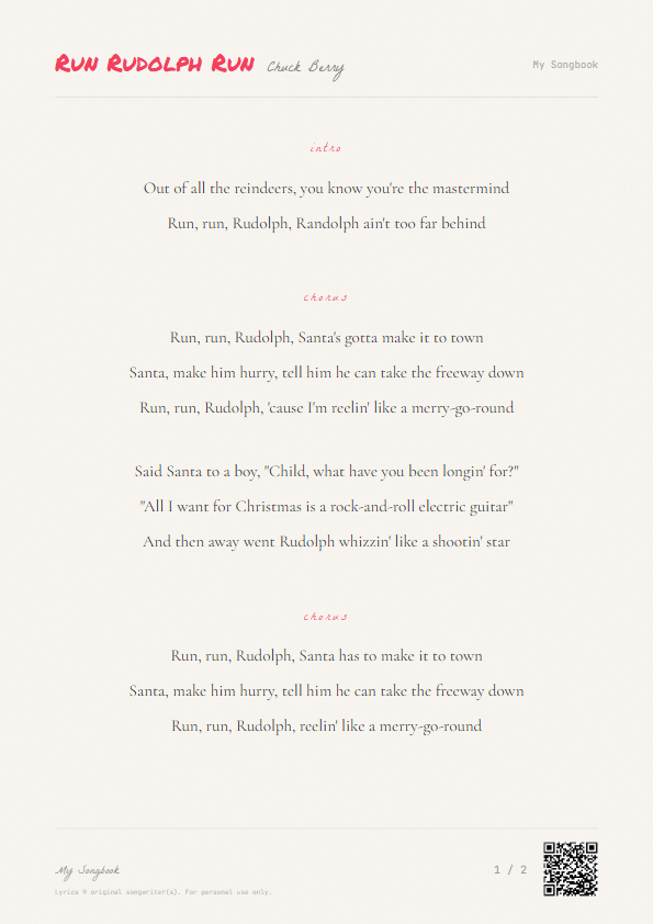 Run Rudolph Run Chuck Berry Lyrics - you know you're the mastermind - Notebook Style