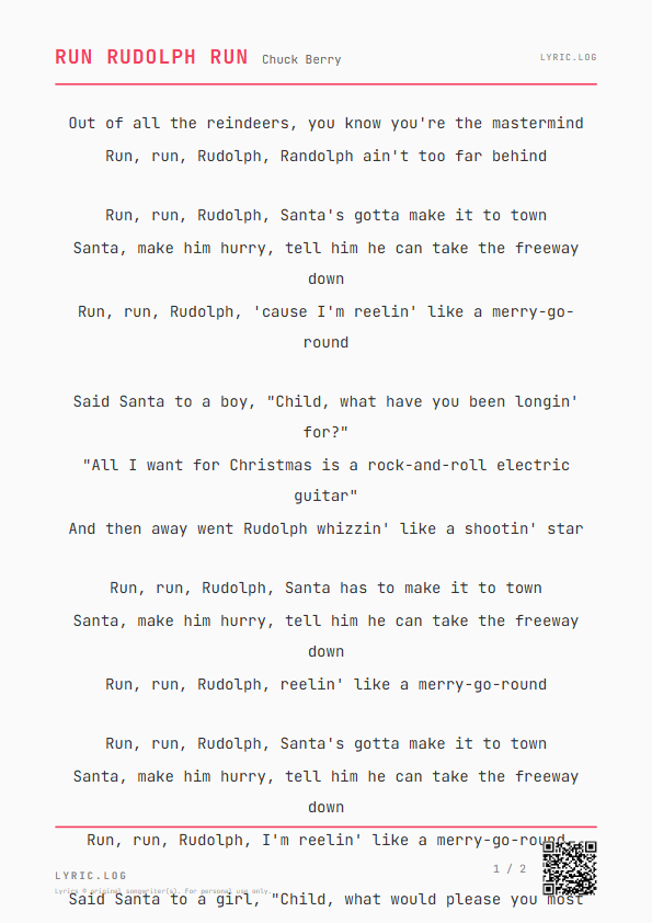 Run Rudolph Run Chuck Berry Lyrics - you know you're the mastermind - Receipt Style