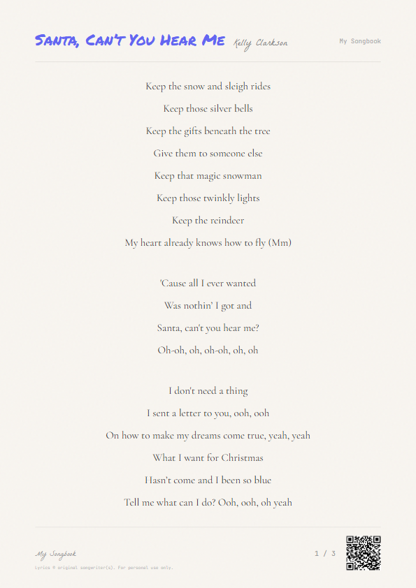 Santa, Can’t You Hear Me Kelly Clarkson Lyrics - Keep the snow and sleigh rides - Notebook Style