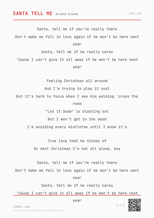 Santa Tell Me Ariana Grande Lyrics - Santa, tell me if you're really there - Receipt Style
