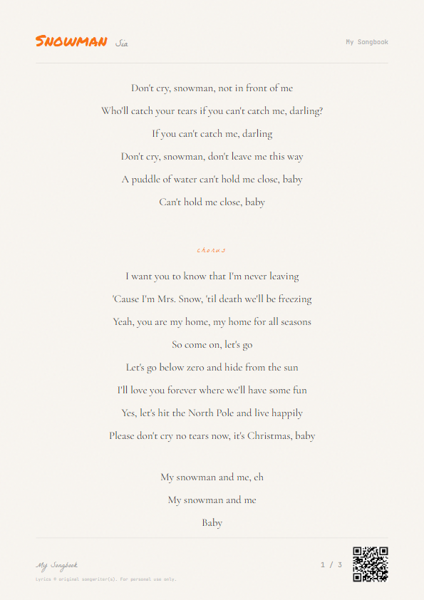 Snowman Sia Lyrics - Don't cry, snowman, not in front of me - Notebook Style