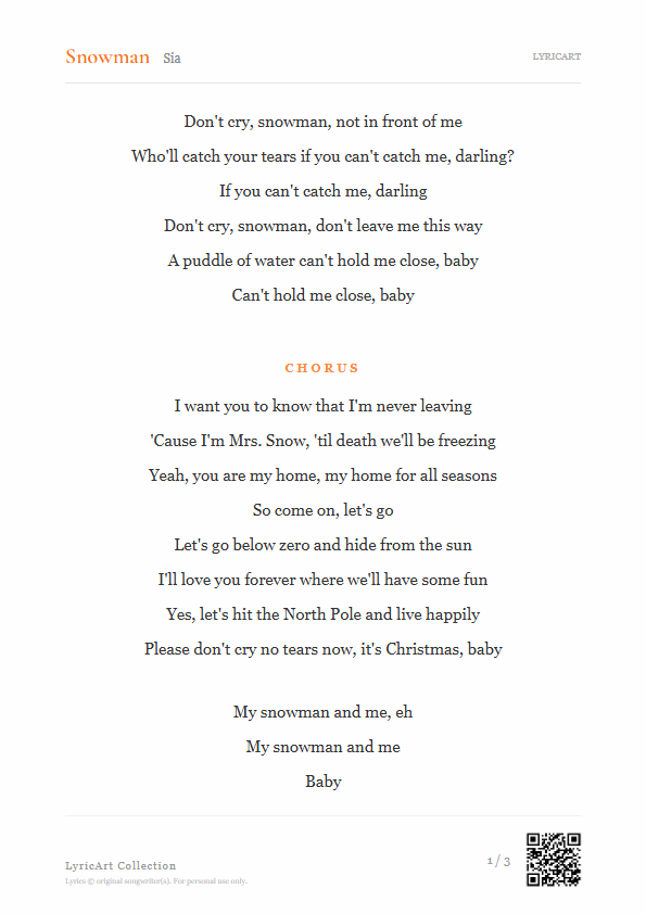 Snowman Sia Lyrics - Don't cry, snowman, not in front of me - Readable