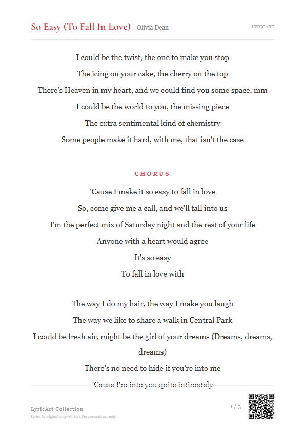 So Easy (To Fall In Love) Olivia Dean Lyrics - The icing on your cake, the cherry on top - Readable