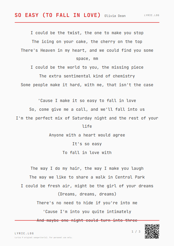 So Easy (To Fall In Love) Olivia Dean Lyrics - The icing on your cake, the cherry on top - Receipt Style