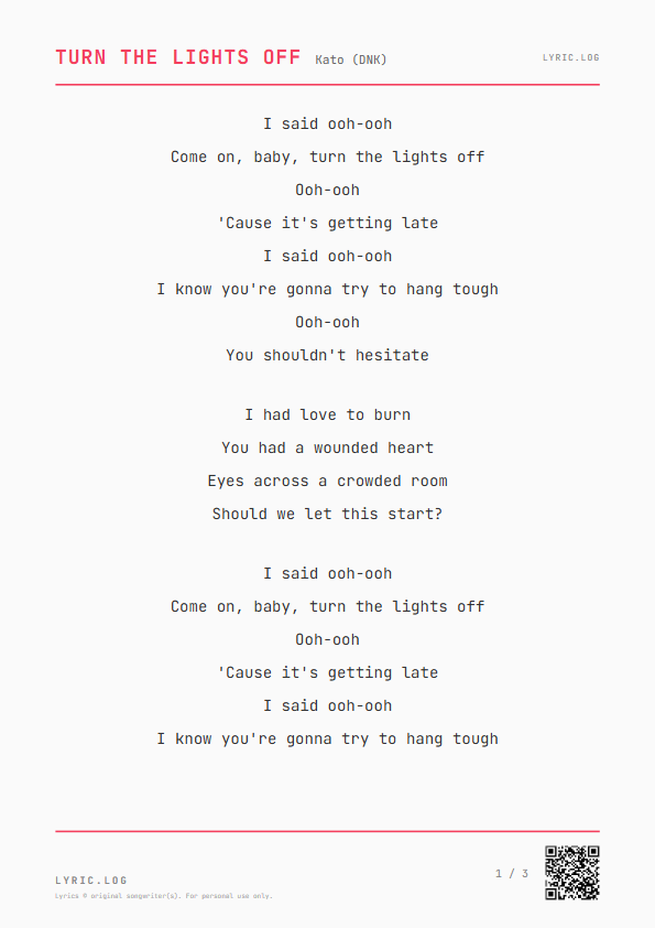 Turn the Lights Off Kato (DNK) Lyrics - Come on, baby, turn the lights off - Receipt Style