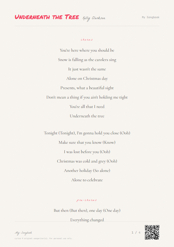 Underneath the Tree Kelly Clarkson Lyrics - You're here where you should be - Notebook Style