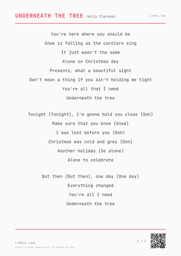 Underneath the Tree Kelly Clarkson Lyrics - You're here where you should be - Receipt Style