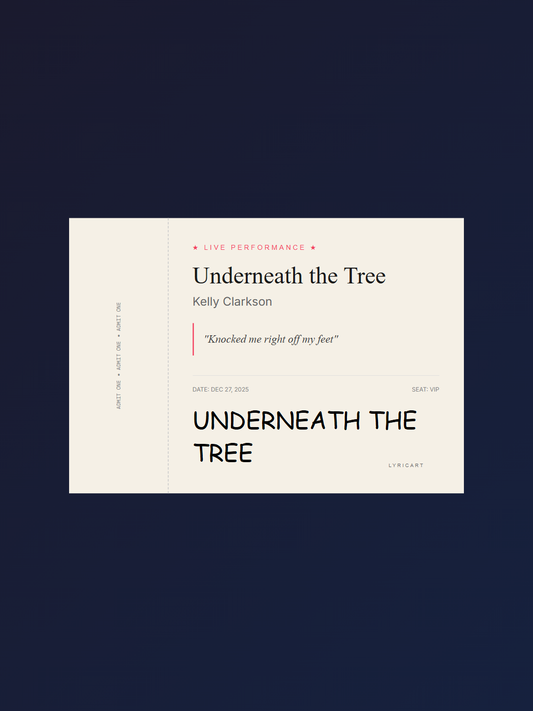 Underneath the Tree Kelly Clarkson Lyrics - You're here where you should be - Concert Ticket