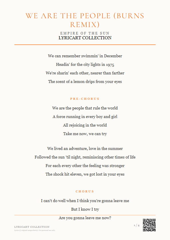 We Are The People (BURNS Remix) Empire of the Sun Lyrics - We can remember swimmin' in December - Magazine Style