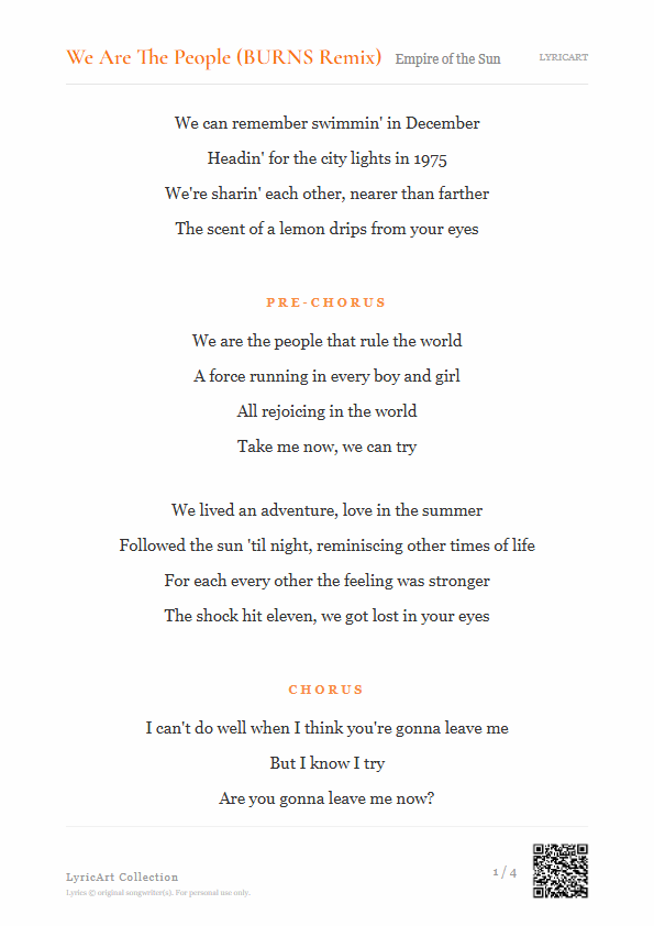 We Are The People (BURNS Remix) Empire of the Sun Lyrics - We can remember swimmin' in December - Readable