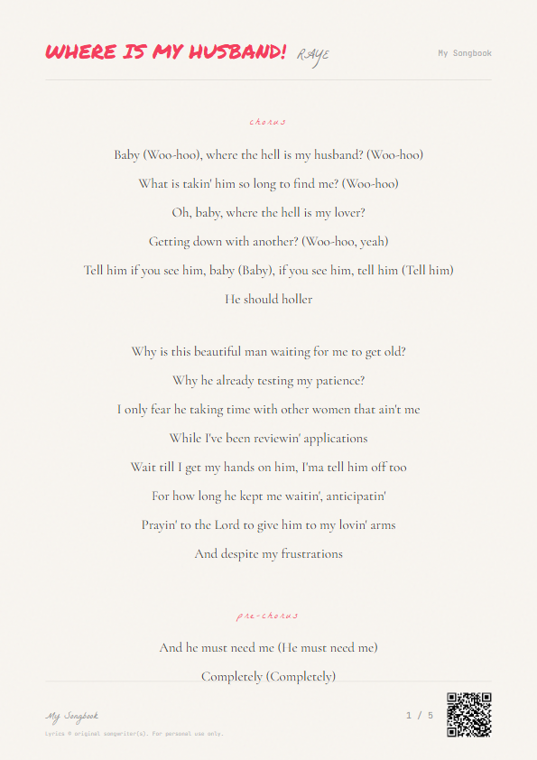 WHERE IS MY HUSBAND! RAYE Lyrics - Where the hell is my husband? - Notebook Style