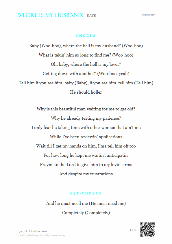 WHERE IS MY HUSBAND! RAYE Lyrics - Where the hell is my husband? - Readable