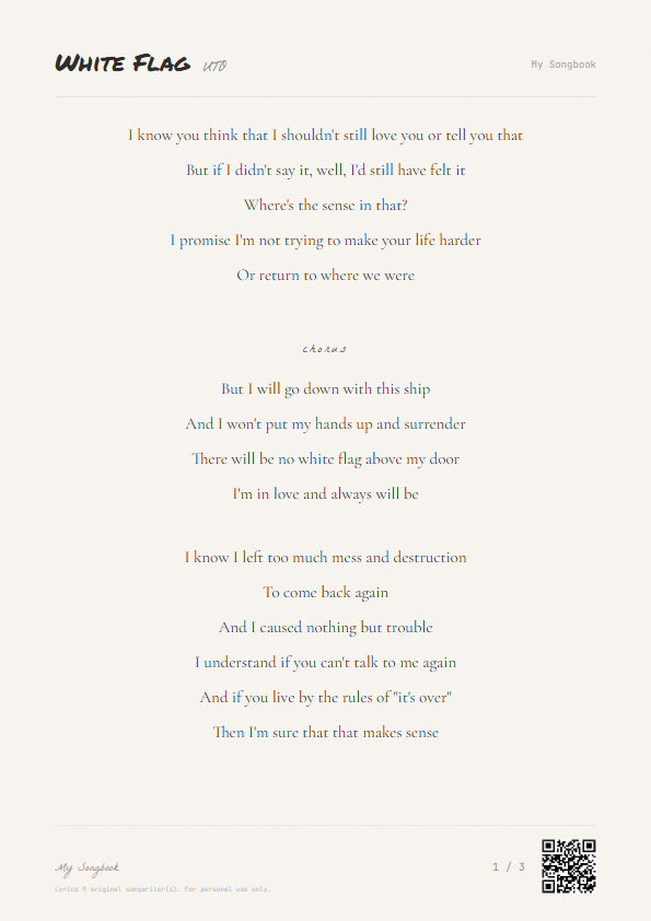 White Flag UTO Lyrics - If I didn't say it, I'd still have felt it - Notebook Style