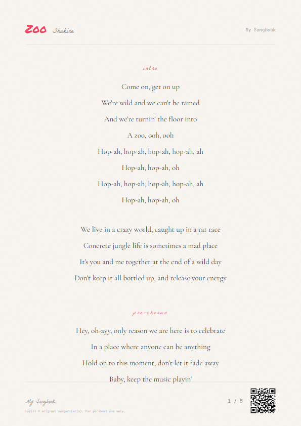 Zoo Shakira Lyrics - We're wild and we can't be tamed - Notebook Style