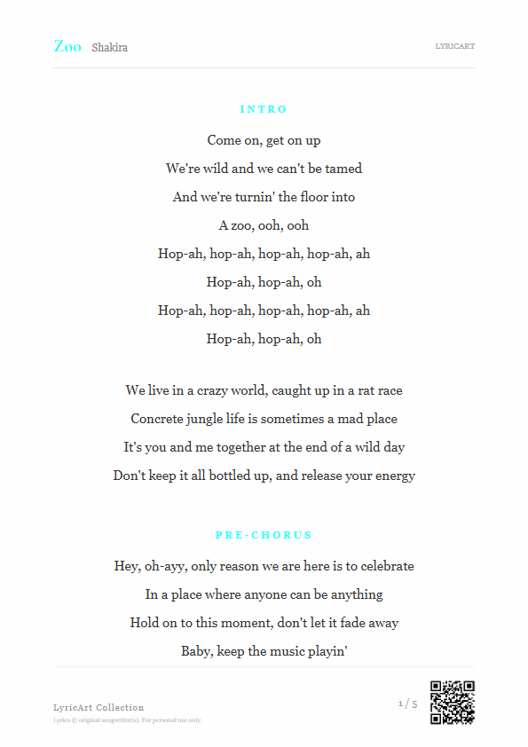 Zoo Shakira Lyrics - We're wild and we can't be tamed - Readable