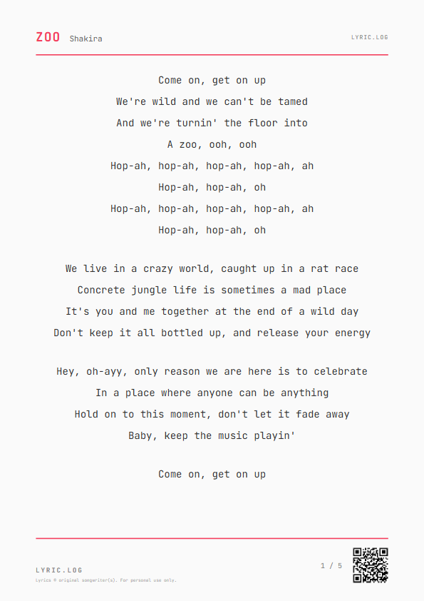 Zoo Shakira Lyrics - We're wild and we can't be tamed - Receipt Style